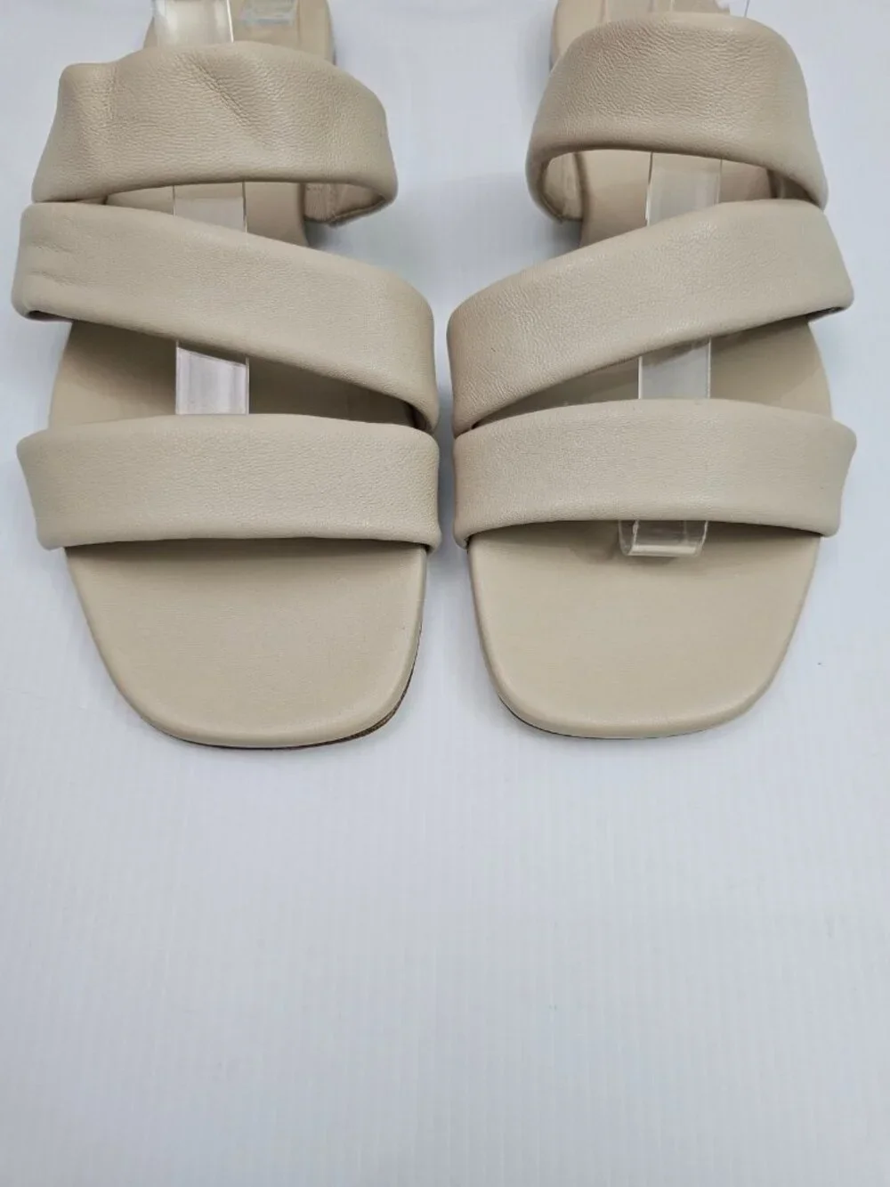 Vince Dallas Flat Slide Sandal Womens 9.5 Beige Leather Triple Strap Square Toe